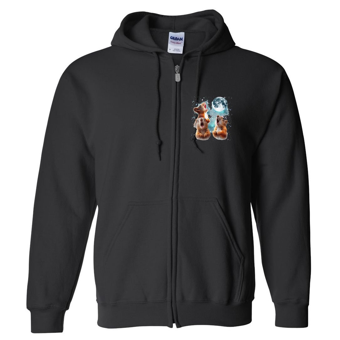 3 Squirrel Moon Howling Squirrel Head Funny Full Zip Hoodie