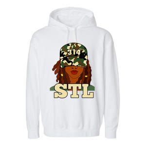 314 Stl St Louis Black Woman Locs Camo Garment-Dyed Fleece Hoodie