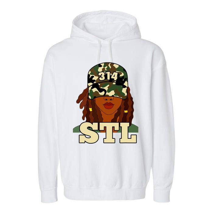 314 Stl St Louis Black Woman Locs Camo Garment-Dyed Fleece Hoodie