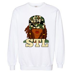 314 Stl St Louis Black Woman Locs Camo Garment-Dyed Sweatshirt