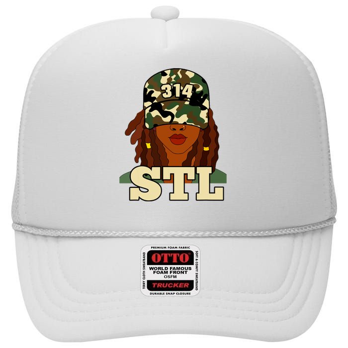 314 Stl St Louis Black Woman Locs Camo High Crown Mesh Back Trucker Hat