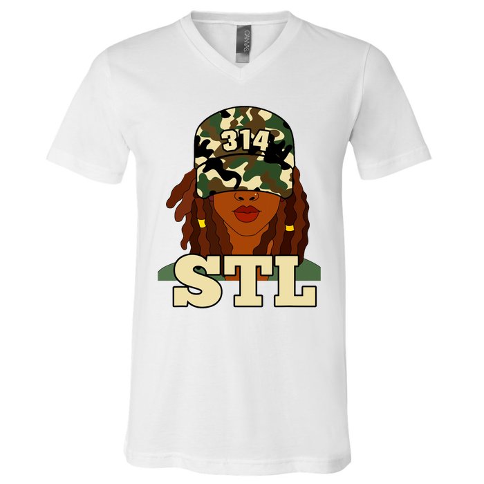 314 Stl St Louis Black Woman Locs Camo V-Neck T-Shirt