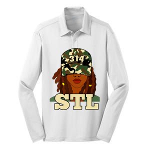 314 Stl St Louis Black Woman Locs Camo Silk Touch Performance Long Sleeve Polo