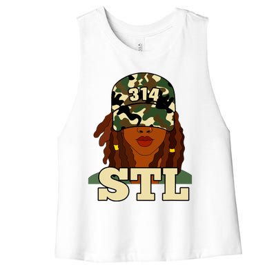 314 Stl St Louis Black Woman Locs Camo Women's Racerback Cropped Tank