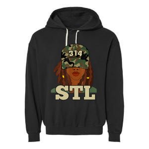 314 Stl | St. Louis Black Woman Locs Camo Garment-Dyed Fleece Hoodie