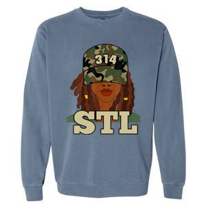 314 Stl | St. Louis Black Woman Locs Camo Garment-Dyed Sweatshirt