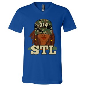 314 Stl | St. Louis Black Woman Locs Camo V-Neck T-Shirt