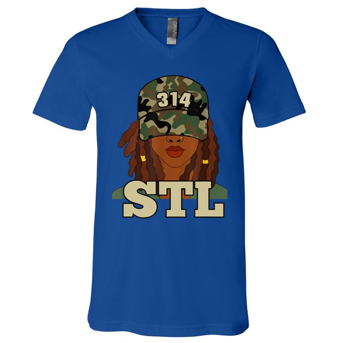 314 Stl | St. Louis Black Woman Locs Camo V-Neck T-Shirt