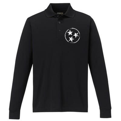 3 Star Tn Flag Graphic White Distressed Tennessee State Flag Performance Long Sleeve Polo