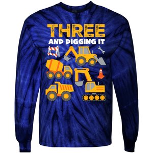 3 Three And Digging It 3rd Birthday Boy Construction Truck Tie-Dye Long Sleeve Shirt