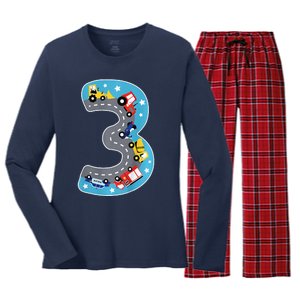 3 Th Birthday Three Years Number Number 3 Car Road Women's Long Sleeve Flannel Pajama Set 