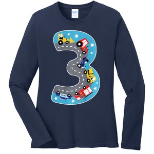 3 Th Birthday Three Years Number Number 3 Car Road Ladies Long Sleeve Shirt