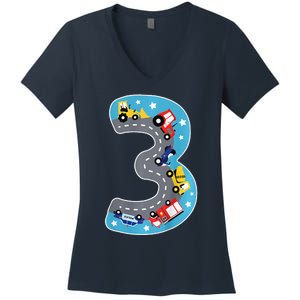 3 Th Birthday Three Years Number Number 3 Car Road Women's V-Neck T-Shirt