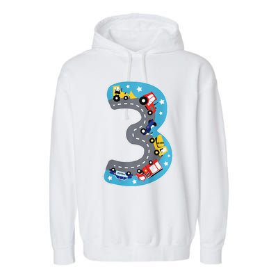 3 Th Birthday Three Years Number Number 3 Car Road Garment-Dyed Fleece Hoodie