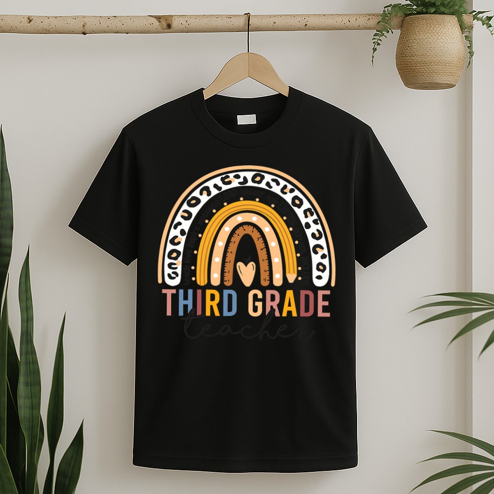 3rd Third Grade Teacher Cute Leopard Rainbow To School T-Shirt