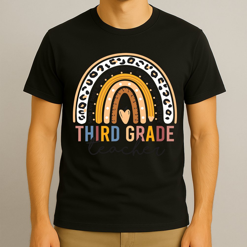 3rd Third Grade Teacher Cute Leopard Rainbow To School T-Shirt