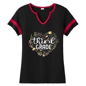 3rd Third Grade Floral Heart Back To School Teacher Ladies Halftime Notch Neck Tee