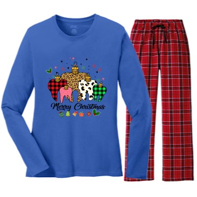 3 Three Teeth Merry Christmas Leopard Buffalo Plaid Pattern Funny Gift Women's Long Sleeve Flannel Pajama Set 