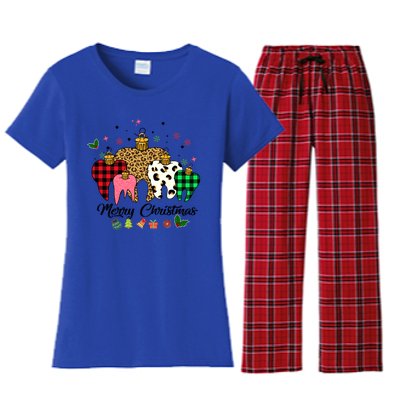 3 Three Teeth Merry Christmas Leopard Buffalo Plaid Pattern Funny Gift Women's Flannel Pajama Set