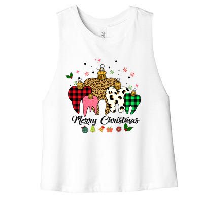 3 Three Teeth Merry Christmas Leopard Buffalo Plaid Pattern Funny Gift Women's Racerback Cropped Tank