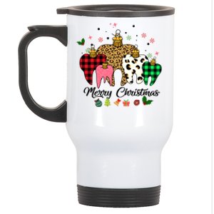 3 Three Teeth Merry Christmas Leopard Buffalo Plaid Pattern Funny Gift Stainless Steel Travel Mug