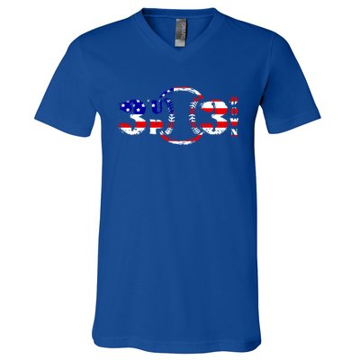 3 Up 3 Down Patriotic Baseball Softball Us Flag Gift Idea Cute Gift V-Neck T-Shirt