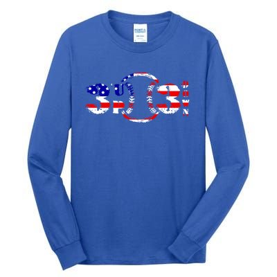 3 Up 3 Down Patriotic Baseball Softball Us Flag Gift Idea Cute Gift Tall Long Sleeve T-Shirt