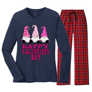 3 Valentine Gnomes Cute Hearts Happy Valentines Day Women's Long Sleeve Flannel Pajama Set 