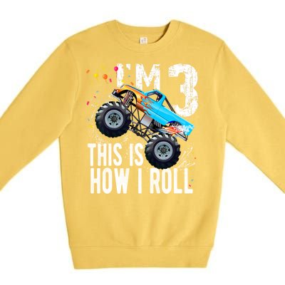 3 Year Old Gift Cool 3th Birthday Boy Gift For Monster Truck Car Lovers Premium Crewneck Sweatshirt