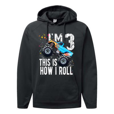 3 Year Old Gift Cool 3th Birthday Boy Gift For Monster Truck Car Lovers Performance Fleece Hoodie