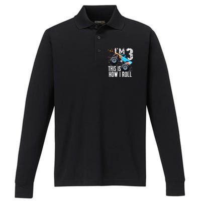 3 Year Old Gift Cool 3th Birthday Boy Gift For Monster Truck Car Lovers Performance Long Sleeve Polo