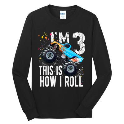 3 Year Old Gift Cool 3th Birthday Boy Gift For Monster Truck Car Lovers Tall Long Sleeve T-Shirt