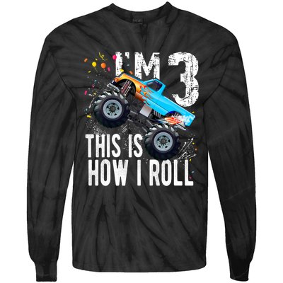 3 Year Old Gift Cool 3th Birthday Boy Gift For Monster Truck Car Lovers Tie-Dye Long Sleeve Shirt