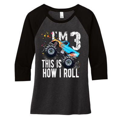 3 Year Old Gift Cool 3th Birthday Boy Gift For Monster Truck Car Lovers Women's Tri-Blend 3/4-Sleeve Raglan Shirt