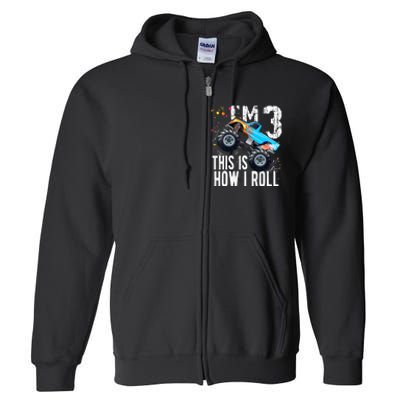 3 Year Old Gift Cool 3th Birthday Boy Gift For Monster Truck Car Lovers Full Zip Hoodie