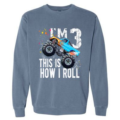 3 Year Old Gift Cool 3th Birthday Boy Gift For Monster Truck Car Lovers Garment-Dyed Sweatshirt