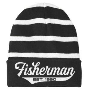 33 Year Old Fisherman Fishing 1990 33rd Birthday Funny Striped Beanie with Solid Band