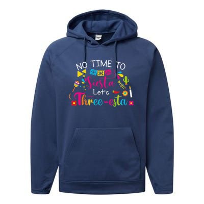 3 Year Old Mexican Fiesta No Time To Siesta Let's Threeesta Funny Performance Fleece Hoodie