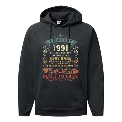 32 Year Old Awesome Since February 1991 32nd Birthday Gift Performance Fleece Hoodie