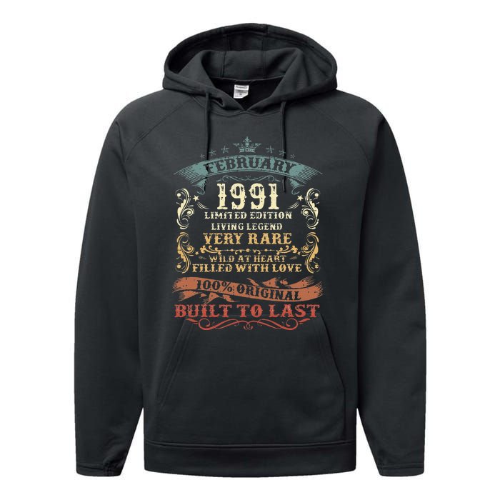 32 Year Old Awesome Since February 1991 32nd Birthday Gift Performance Fleece Hoodie