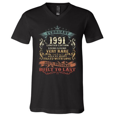 32 Year Old Awesome Since February 1991 32nd Birthday Gift V-Neck T-Shirt