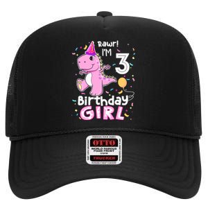 3 Year Old Dinosaur Birthday 3rd T Rex Dino Three Saurus High Crown Mesh Back Trucker Hat