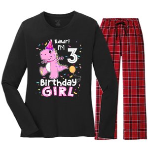 3 Year Old Dinosaur Birthday 3rd T Rex Dino Three Saurus Women's Long Sleeve Flannel Pajama Set 