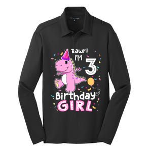 3 Year Old Dinosaur Birthday 3rd T Rex Dino Three Saurus Silk Touch Performance Long Sleeve Polo