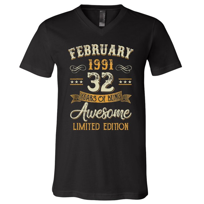 32 Years Old Gifts Vintage February 1991 32nd Birthday V-Neck T-Shirt