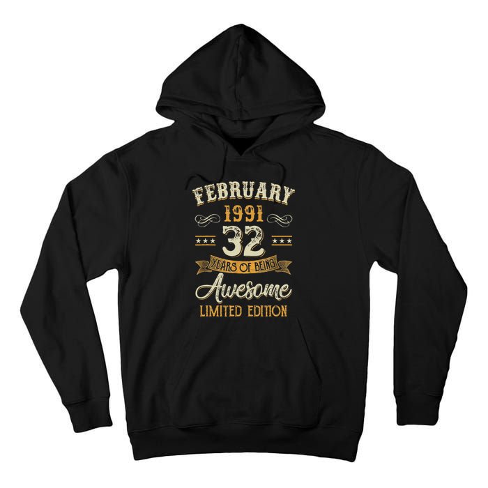 32 Years Old Gifts Vintage February 1991 32nd Birthday Tall Hoodie