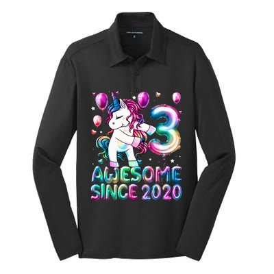 3 Years Old Unicorn Flossing 3rd Birthday Girl Unicorn Party Silk Touch Performance Long Sleeve Polo