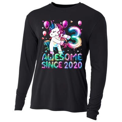 3 Years Old Unicorn Flossing 3rd Birthday Girl Unicorn Party Cooling Performance Long Sleeve Crew