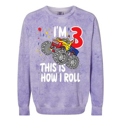  3 Year Old 3rd Birthday Boy Monster Truck Car Colorblast Crewneck Sweatshirt