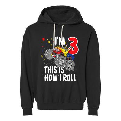  3 Year Old 3rd Birthday Boy Monster Truck Car Garment-Dyed Fleece Hoodie